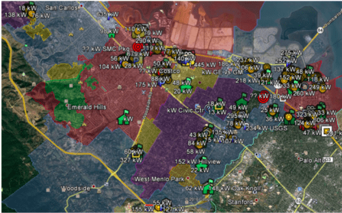 Map displaying various power outages in different neighborhoods, denoted by colored regions and labeled with kilowatt values at specific locations.