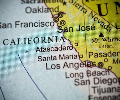 Close-up of a map showing california with cities like san francisco, los angeles, and san jose highlighted.