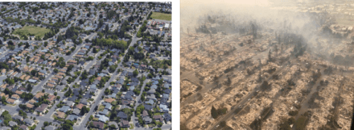 Aerial comparison of a neighborhood before and after a wildfire, showing intact homes on the left and charred remains on the right.