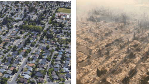 Aerial comparison of a neighborhood before and after a wildfire, showing intact homes on the left and charred remains on the right.
