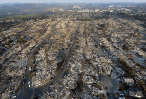 Aerial view of a devastated suburban area with rows of burnt-down houses and trees, showcasing widespread destruction.