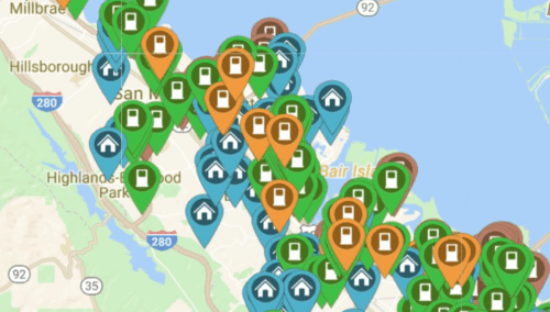 Map view showing dense clustering of various location markers over the san francisco bay area.