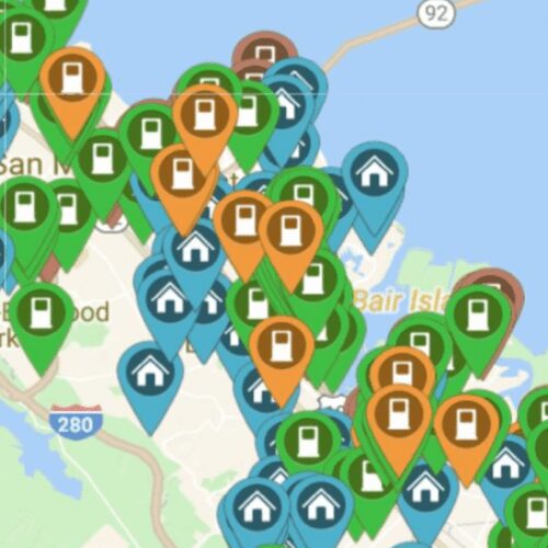 Map view showing dense clustering of various location markers over the san francisco bay area.