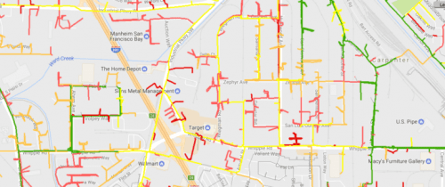 A detailed map view showing streets and points of interest like the home depot, target, and u.s. pipe in a dense urban area.