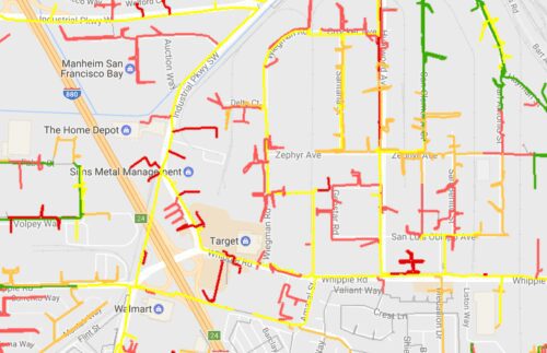 A detailed map view showing streets and points of interest like the home depot, target, and u.s. pipe in a dense urban area.