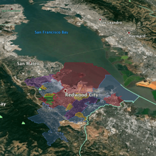 Aerial view of san francisco bay area with color-coded zoning map overlays focusing on redwood city and surrounding regions.