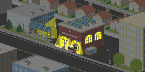 Illustration of a fire department at night with two fire trucks parked outside, street lights on, and nearby buildings, some with solar panels on roofs.