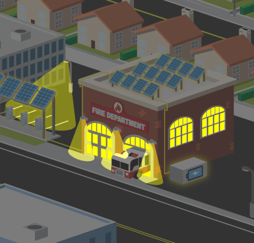 Illustration of a fire department at night with two fire trucks parked outside, street lights on, and nearby buildings, some with solar panels on roofs.