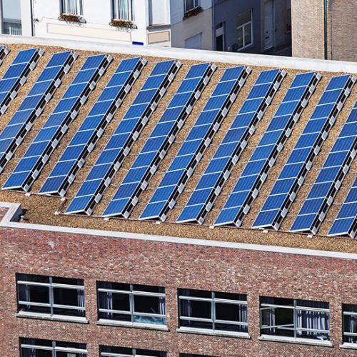 Rows of solar panels installed on the roofs of urban buildings, capturing renewable energy from sunlight.