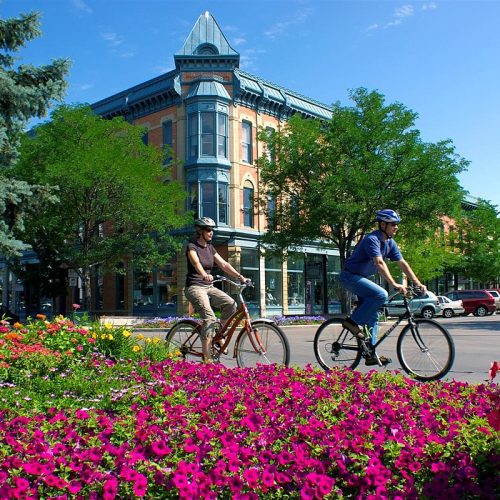 Two cyclists riding past colorful flower beds in a sunny urban park with a historic building in the background.