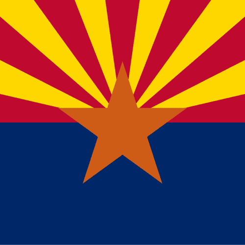 Flag of arizona featuring a copper-colored star, 13 alternating red and yellow rays on top, and a blue bottom half.