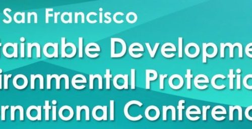 Banner for the 2018 san francisco sustainable development & environmental protection international conference with teal and white text.