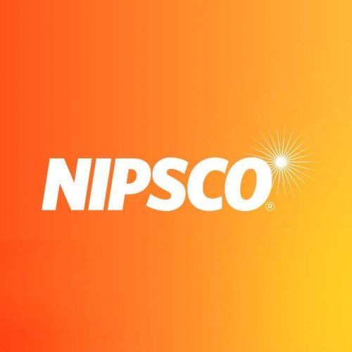 Logo of nipsco featuring white text on an orange gradient background with a white starburst to the right of the text.