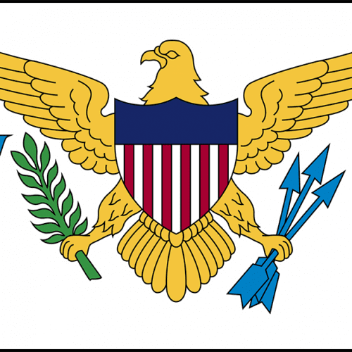 A graphic of the u.s. virgin islands seal featuring an eagle holding a laurel branch and arrows, with a shield displaying red and white stripes, overlaying the letters 