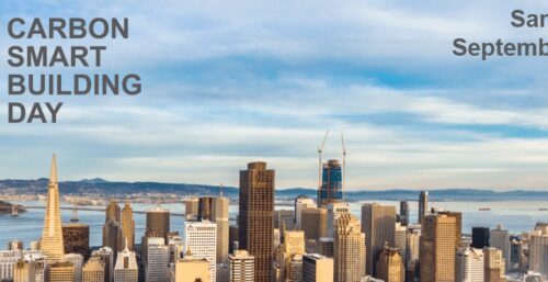 Banner for carbon smart building day featuring the san francisco skyline with event details for september 11, 2018.