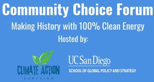 Banner for the community choice forum on clean energy, hosted by uc san diego school of global policy and community, with logos for climate action campaign.