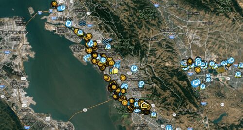 Map showing numerous icons indicating points of interest across san francisco bay, from san francisco to san mateo.