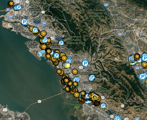 Map showing numerous icons indicating points of interest across san francisco bay, from san francisco to san mateo.