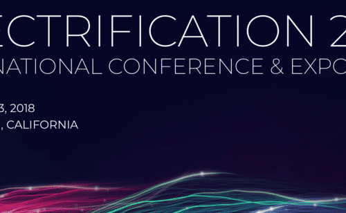 Banner for electrification 2018 international conference & exposition, held on august 20-23, 2018 in long beach, california, featuring colorful light streaks.