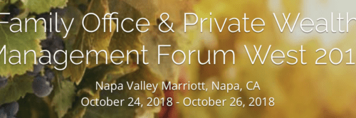 Banner for family office & private wealth management forum west 2018 at napa valley marriott, ca, with dates and grapevines in the background.