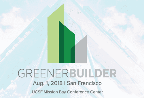 Logo of greenerbuilder event featuring stylized buildings, text says 