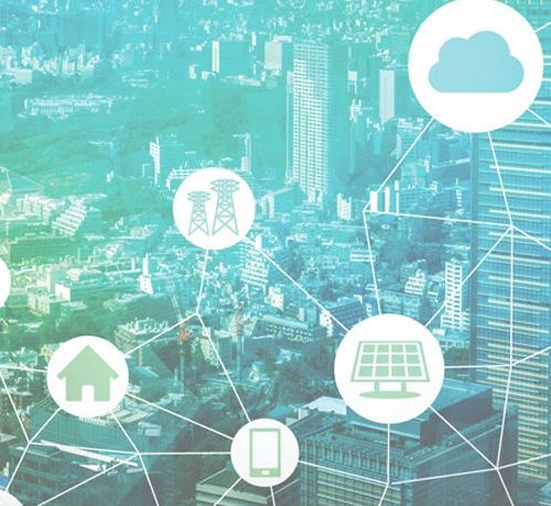 Digital network icons overlaying an aerial view of a cityscape, representing smart city and iot concepts.