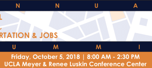 Banner for the annual mayoral housing, transportation & jobs summit held on october 5, 2018, from 8:00 am to 2:30 pm at ucla meyer & renee luskin conference center.