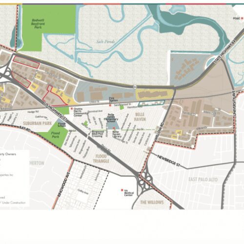 A detailed map of area m-2, featuring zones for housing, industry, and parks with labels and symbols for various landmarks and roads.