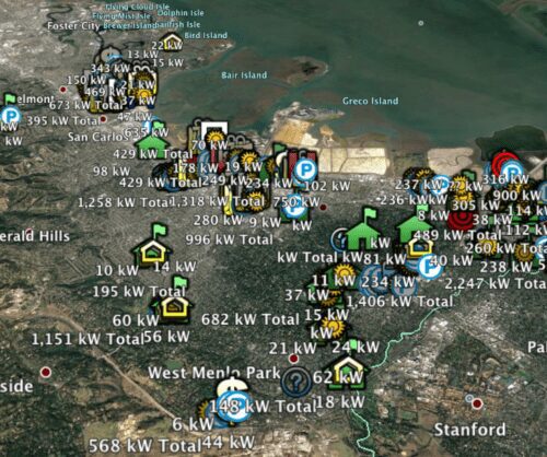 Satellite map showing various energy production icons over the san francisco bay area, with numerical data on energy output.