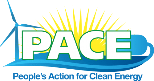 Logo of people's action for clean energy (pace) featuring a stylized sun, wind turbine, and wave, overlaid with the acronym 