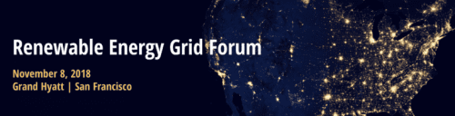 Banner for the renewable energy grid forum on november 8, 2018, at the grand hyatt in san francisco, featuring a map of the us lit up at night.