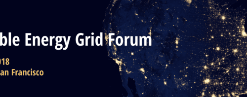 Banner for the renewable energy grid forum on november 8, 2018, at the grand hyatt in san francisco, featuring a map of the us lit up at night.
