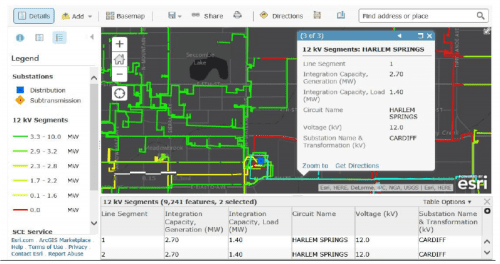 A screenshot of a digital map with various colored lines indicating electrical distribution segments, accompanied by a detailed sidebar with location data and statistics.