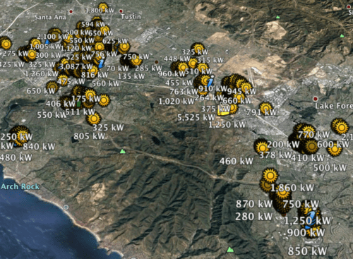 Satellite map showing various solar power installations with capacities marked in kilowatts, over the region of southern california, including coastal and inland areas.