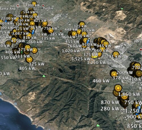 Aerial map view showing santa ana, california, overlaid with numerous yellow icons indicating various power output values in kilowatts, ranging from 250kw to 1020kw.