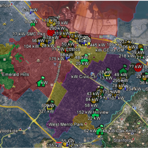 Aerial map showing various regions with overlapping color-coded zones and markers indicating kilowatt usage per area.