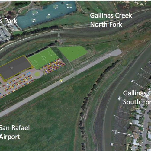 Aerial map view showing mcinnis park, san rafael airport, and gallinas creek with labeled sections, including north fork and south fork.
