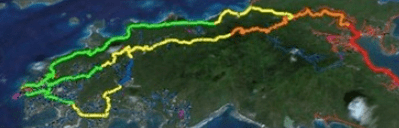 Satellite image showing the geographic path of the appalachian trail marked in different colors across eastern united states.