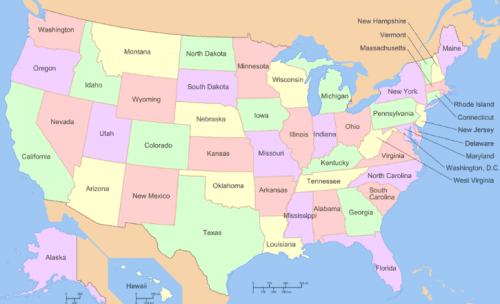 Colorful map of the united states showing all 50 states with labels, each state in a different pastel shade.