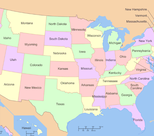 Colorful map of the united states showing all 50 states with labels, each state in a different pastel shade.