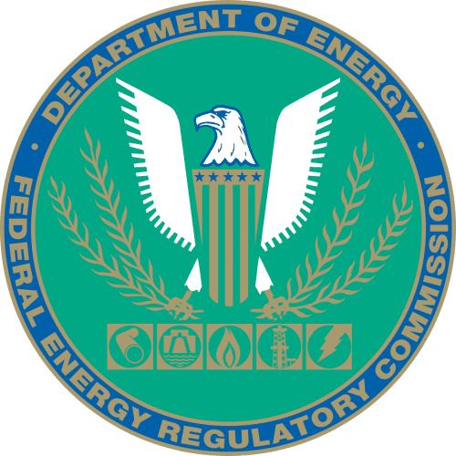 Official seal of the federal energy regulatory commission featuring a white eagle, olive branches, and symbols for various types of energy on a green background.
