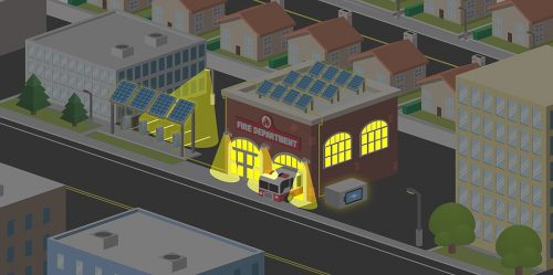 An isometric illustration of a fire department building with solar panels on the roof, a fire engine parked outside, surrounded by various urban structures.
