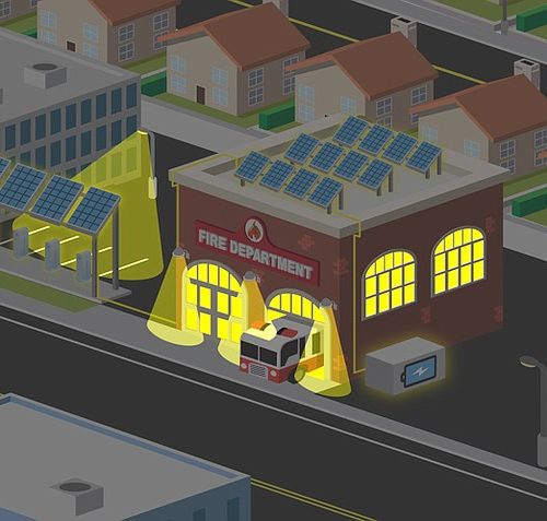 An isometric illustration of a fire department building with solar panels on the roof, a fire engine parked outside, surrounded by various urban structures.
