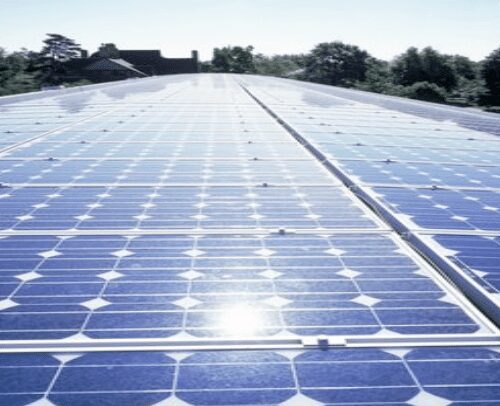 An expansive array of solar panels installed on a large flat roof under clear blue skies.