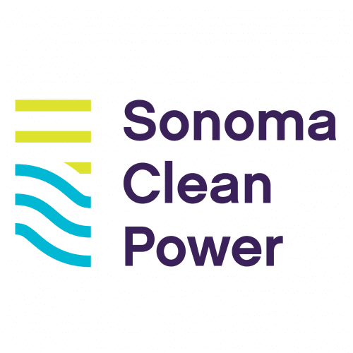 Logo of sonoma clean power featuring stylized yellow and blue lines above the company name in purple text.