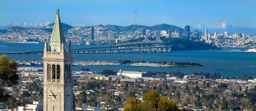 Panoramic view of a city skyline with a prominent clock tower in the foreground and a bridge extending across the bay in the background.