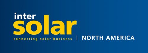 Logo of intersolar north america featuring white text on a blue background, emphasizing solar business connections.