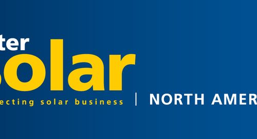 Logo of intersolar north america featuring white text on a blue background, emphasizing solar business connections.