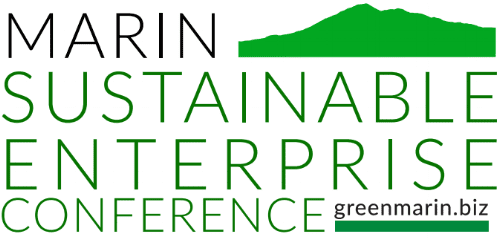 Logo of the marin sustainable enterprise conference featuring green text and a mountain silhouette, with the website greenmarin.biz below.