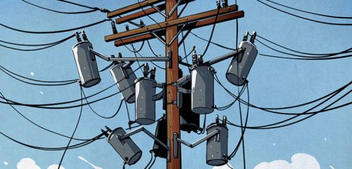 Illustration of a cluttered utility pole with multiple transformers and tangled wires against a blue sky with light clouds.